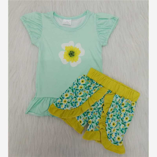 Girls yellow flowers green blouse plant lace pants outfit