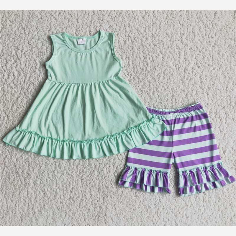 Girls green lace sleeveless top and purple striped shorts outfit