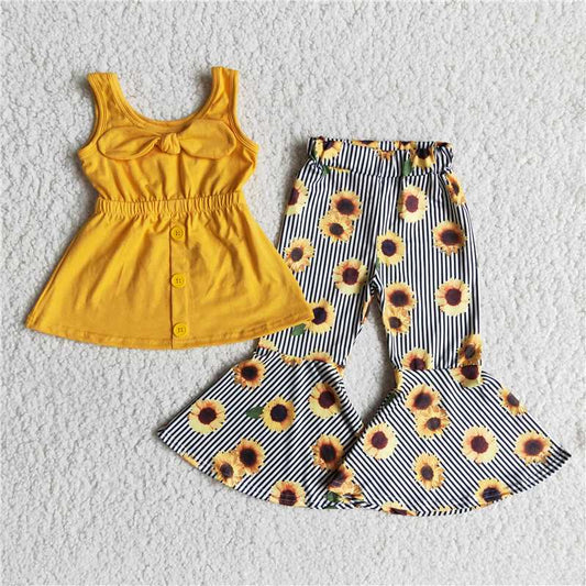 yellow sleeveless top striped sunflower pattern long pants set