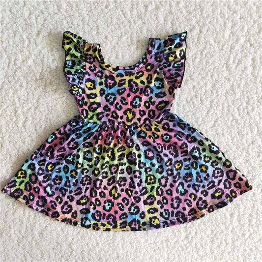 B15-13 baby girls dress over knee leopard print clothes flying sleeve