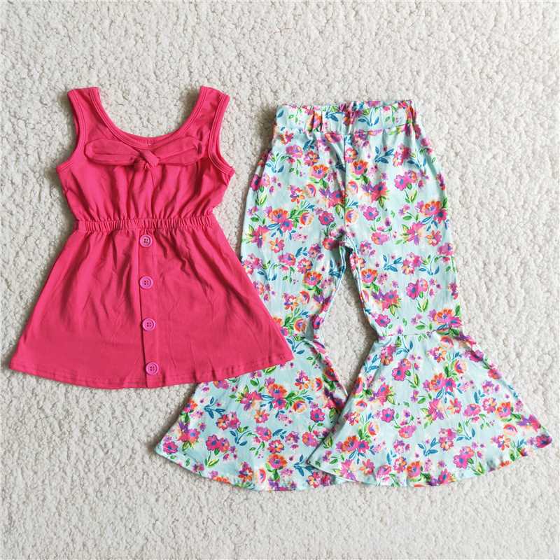 rose red sleeveless top flowers pattern long pants set