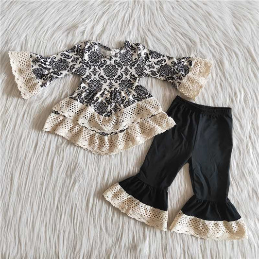 lace black flowers bell bottoms girl set