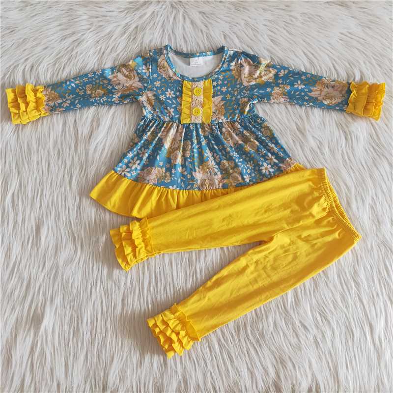 blue yellow bottons girl's pocket children outfit