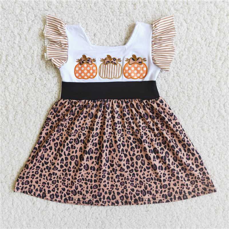 C6-16 White Paneled Leopard Print Fly Sleeve Embroidered Pumpkin Dress