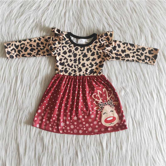 Christmas deer print red leopard long sleeve dress