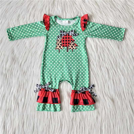 Christmas trees romper green polka dots