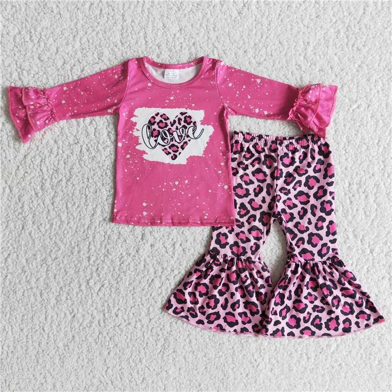 Valentine's Day LOVE Leopard Print Heart Rose Long Sleeve Flared Pants