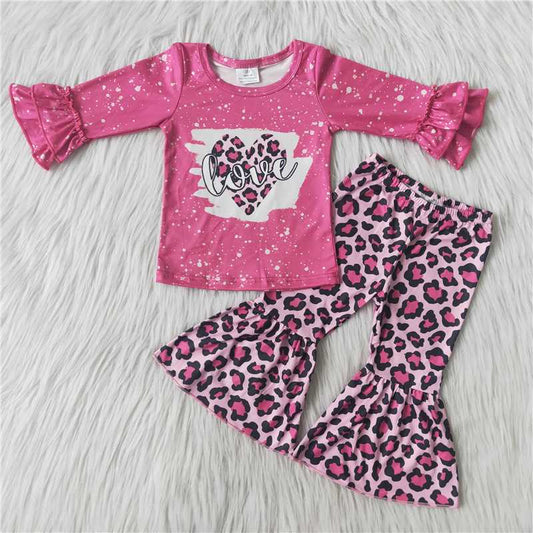 Valentine pink leopard love bleached shirt girl set