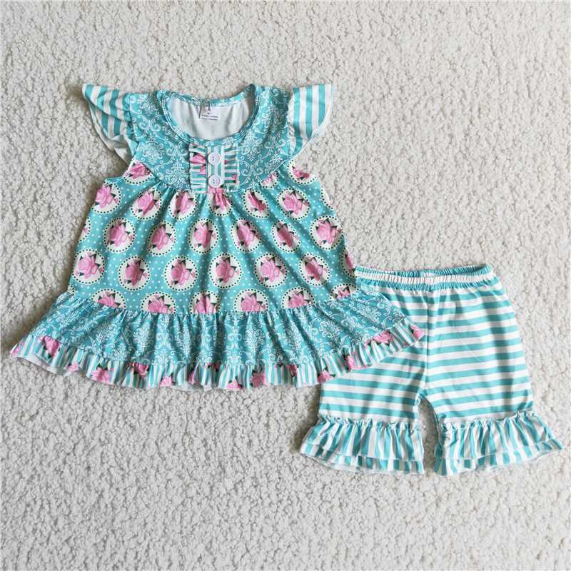 Girls Pink Rose Little Flying Sleeve Striped Shorts outfit