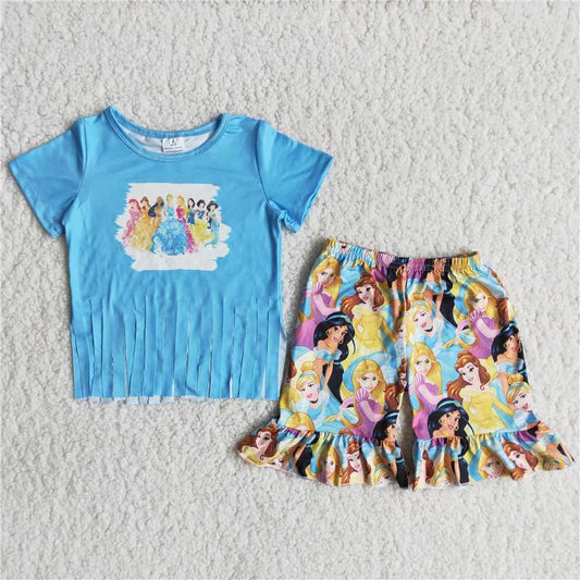 Girls blue cartoon fringed short sleeve shorts outfit