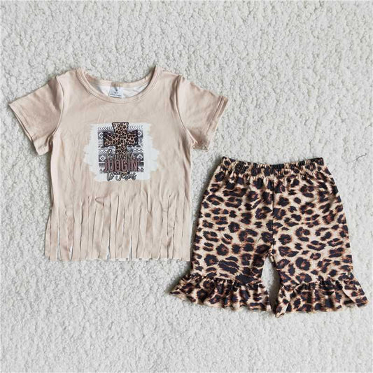 Girls Fringed Cross Leopard Print Shorts Set