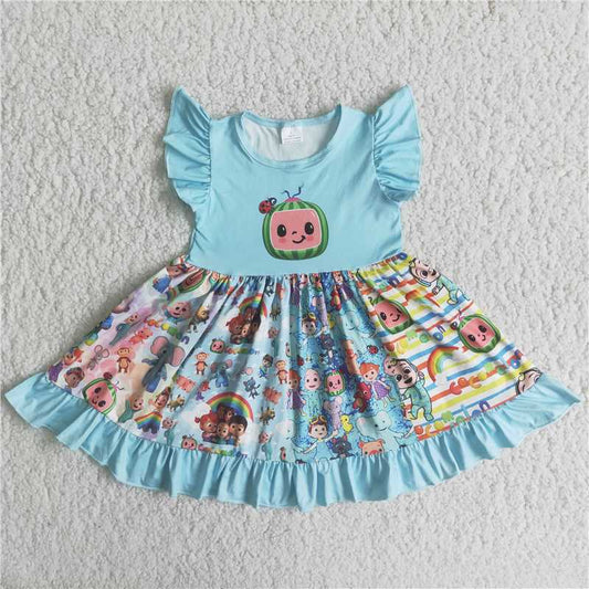 C13-19 Girl children clothing flying sleeve  dress  milk silk dresses RTS cartoon print