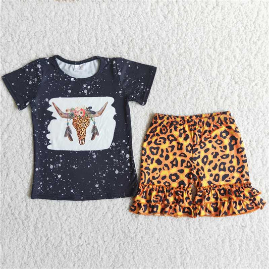 Girls flower bull head black top and gold leopard shorts outfit