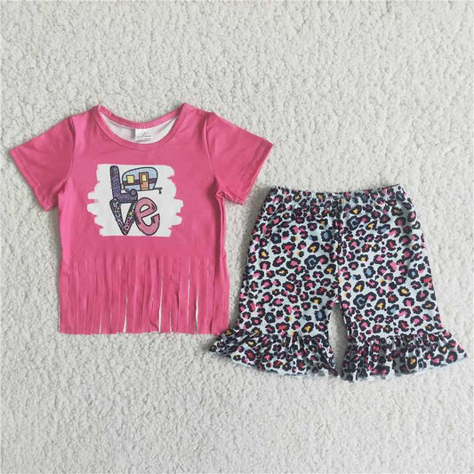 Girls LOVE Rose Red Tassel Short Sleeve Red Spot Leopard Print Shorts Outfits