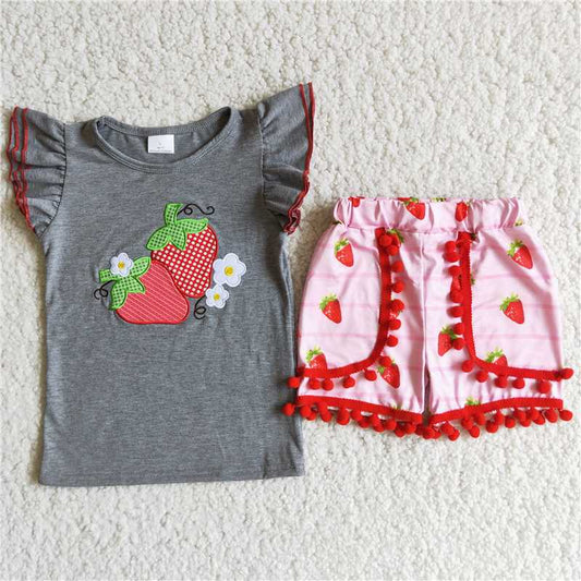 Girls embroidered strawberry red fur ball outfits