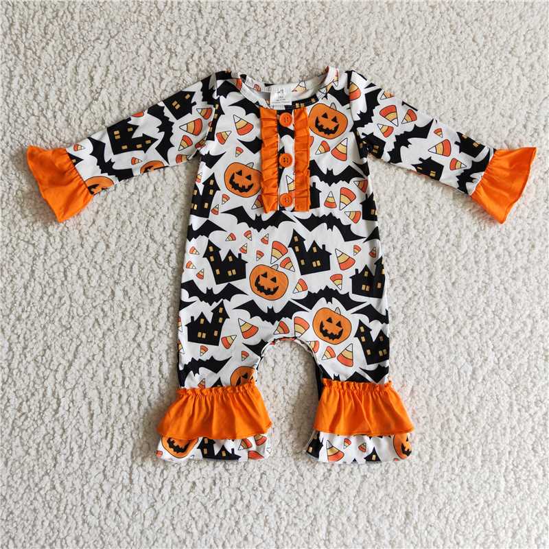 6A16-21 Newborn girls romper pumpkin print long sleeves long pants  baby halloween clothing romper