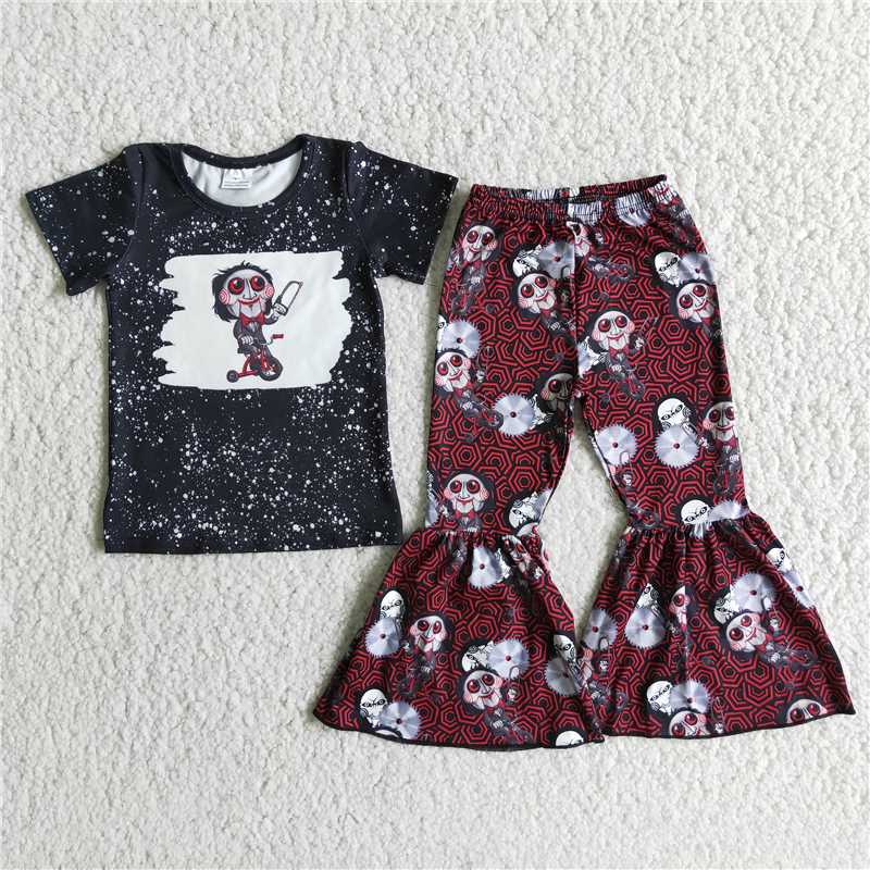 rts no moq E2-17 Halloween Black Short Sleeve Brown Flared Pants Set