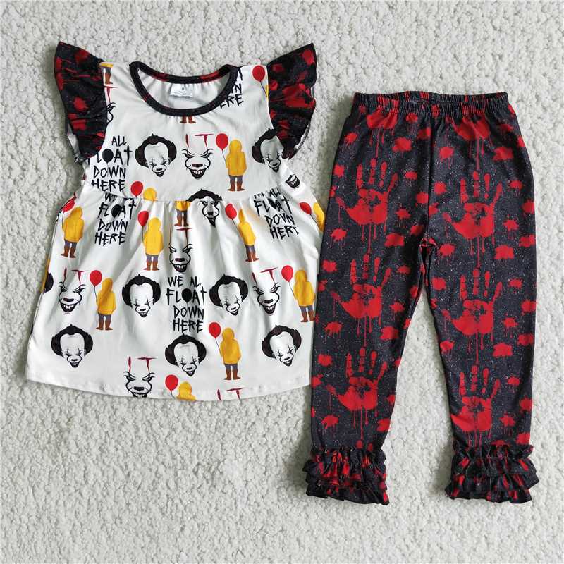 rts no moq  E4-14 Girls Halloween Balloon Fly Sleeve Top Red Palm Trousers Set