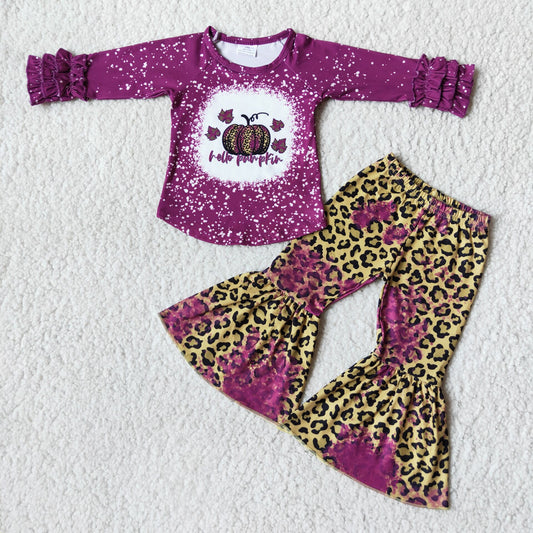 Pumpkin Polka Dot Purple Long Sleeve Top Leopard Print Flared Pants Set