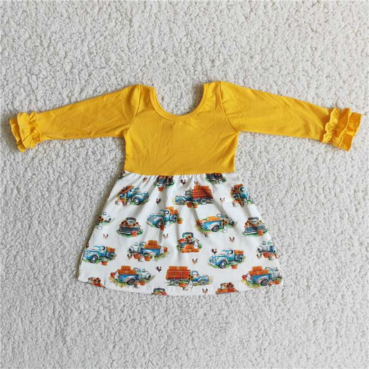 yellow cars pattern long sleeve dress