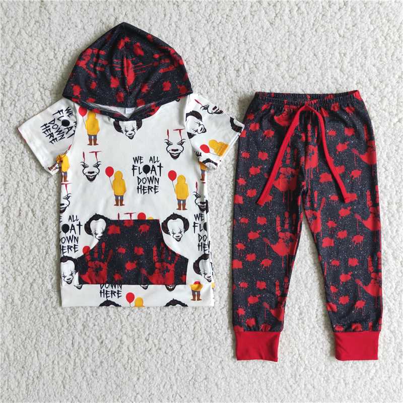 E2-18 Halloween Clown Hooded Short Sleeve Top Red Palm Pants Set