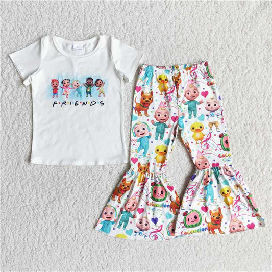 Cartoon White Short Sleeve Flared Pants Suit