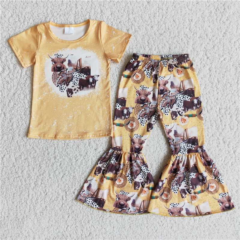 Yellow Short Sleeve Top Bull Head Flared Pants Set