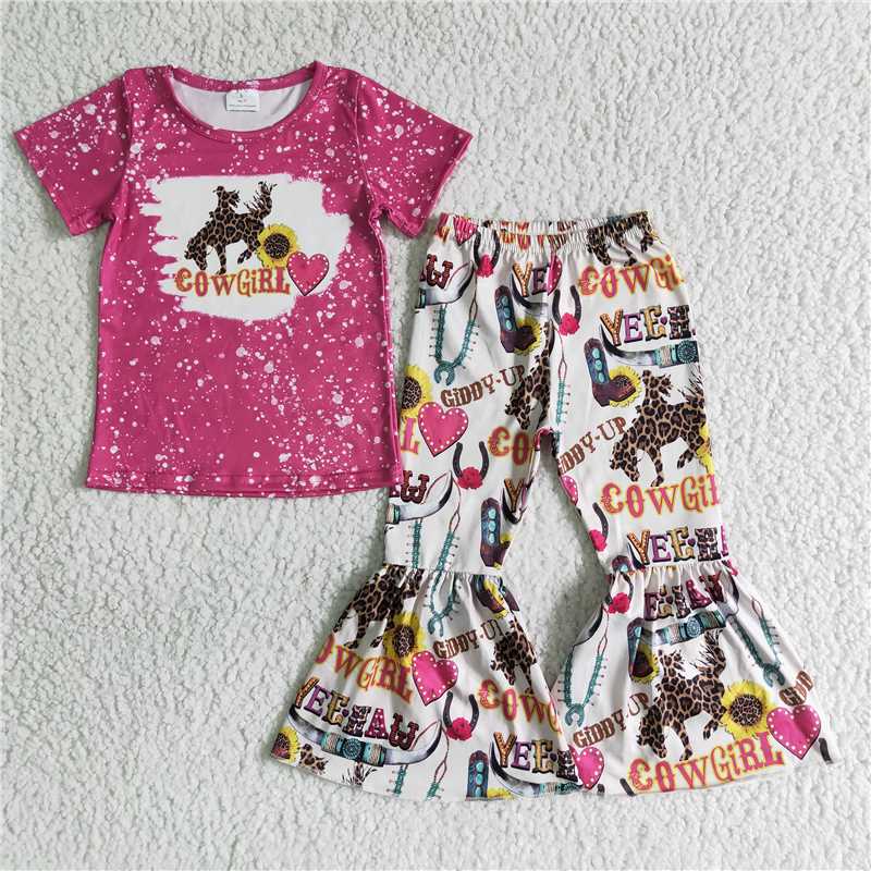 rts no moq C1-27 COW Girl Short Sleeve Sunflower Flare Pants Set