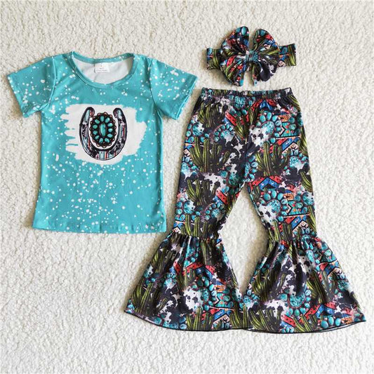 RTS no moq C1-25 Blue Short Sleeve Cactus Flared Pants Set