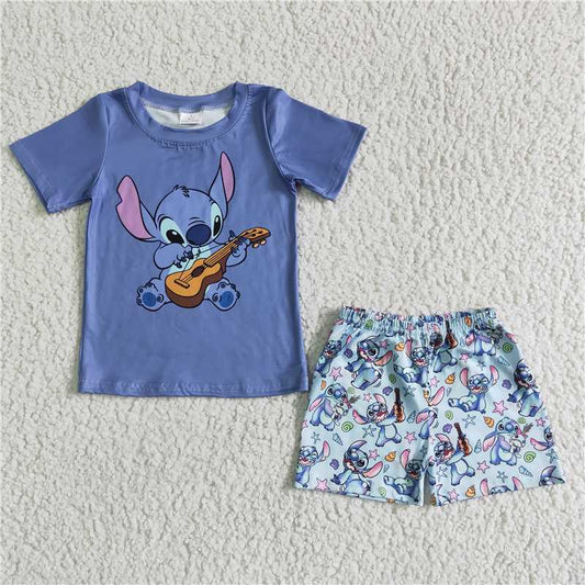 BSSO0027 Boys Stitch Blue Short Sleeve Shorts Set