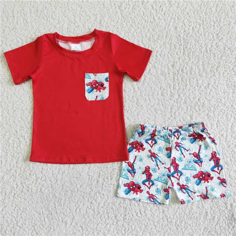 BSSO0009 Red Spiderman Pocket Short Sleeve Shorts Set