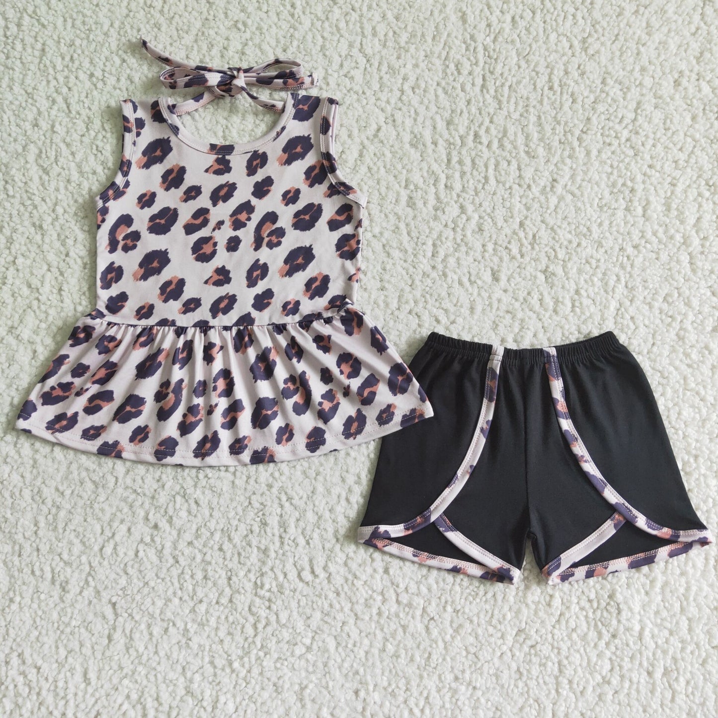 rts no moq GSSO0052 Girls Sleeveless Leopard Black Shorts Set