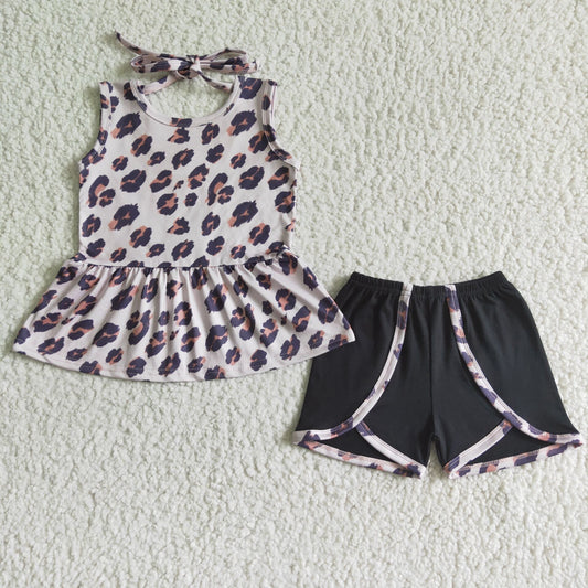 rts no moq GSSO0052 Girls Sleeveless Leopard Black Shorts Set