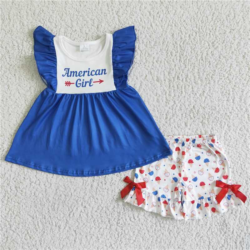 rts no moq GSSO0042 AmericanGirl Blue Flying Sleeves Red Bow Shorts Set