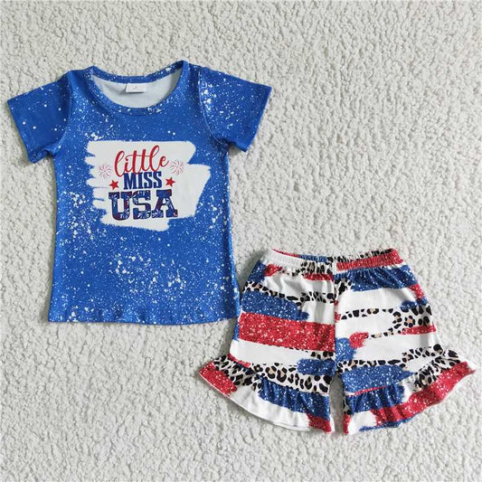 NC0005 Little miss USA National Day Short Sleeve Leopard Shorts Set