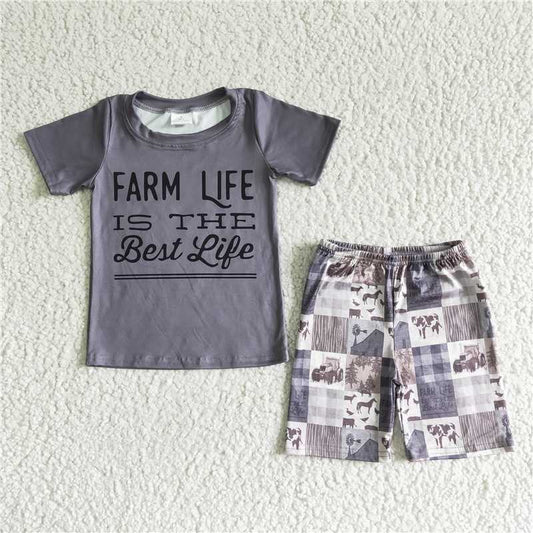 BSSO0029 Boys FARMLIFE Gray Car Short Sleeve Shorts Set