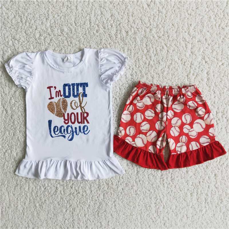 Girls White Puff Sleeve Red Baseball Lace Shorts Outfits