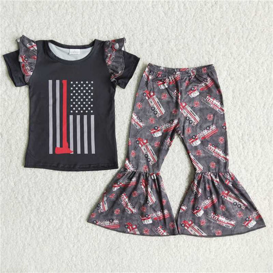 rts no moq C7-24 Kids Clothing Girls Short Sleeve Top And Long Pants Fire Truck Print