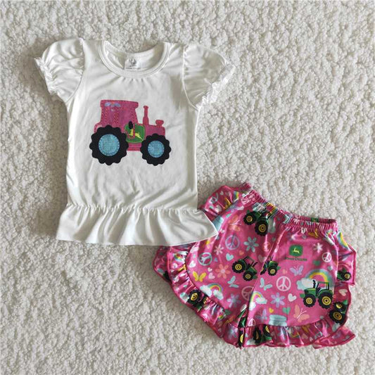 Girls rose red tractor puff sleeve outfit