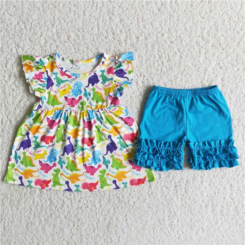 Girls colorful dinosaur blue shorts outfits