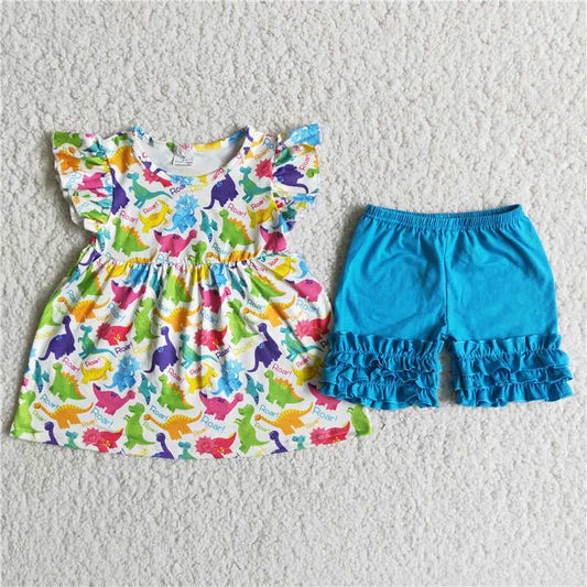 Girls colorful dinosaur blue shorts outfits