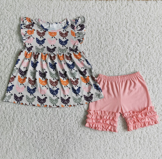 Girls colorful little chicken little flying sleeve pink shorts outfit