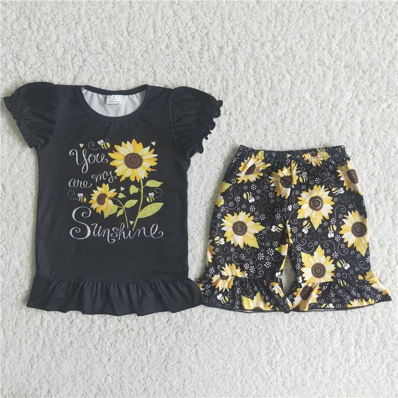 Black Short Sleeve and Shorts sunflower girl's outfit