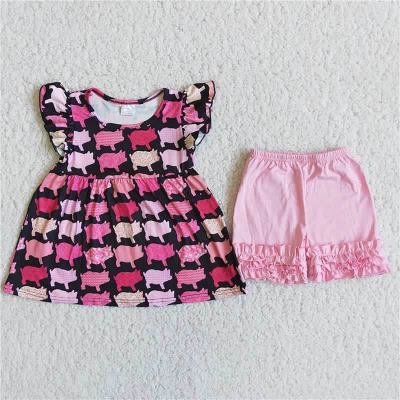 Girls Little Flying Sleeve Pink Pig Shorts Outfit