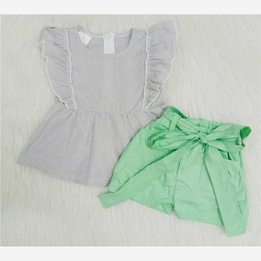 Girls woven striped sleeveless top and green belt shorts outfit