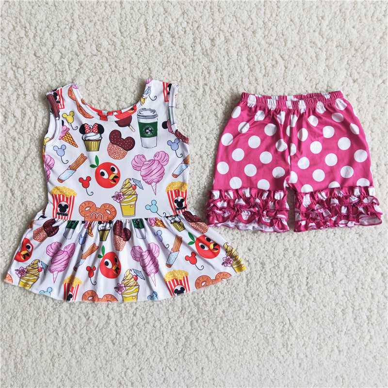 C7-11 CARTOON Sleeveless Top Polka Dot Lace Shorts