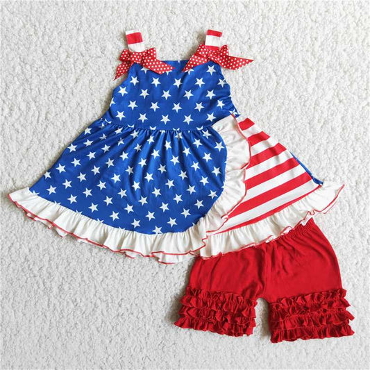 Girls National Day Shoulder Strap Star Skirt Shorts Set Outfit