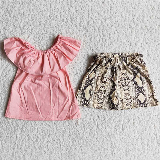 Girls woven pink top and yellow snake print shorts outfit