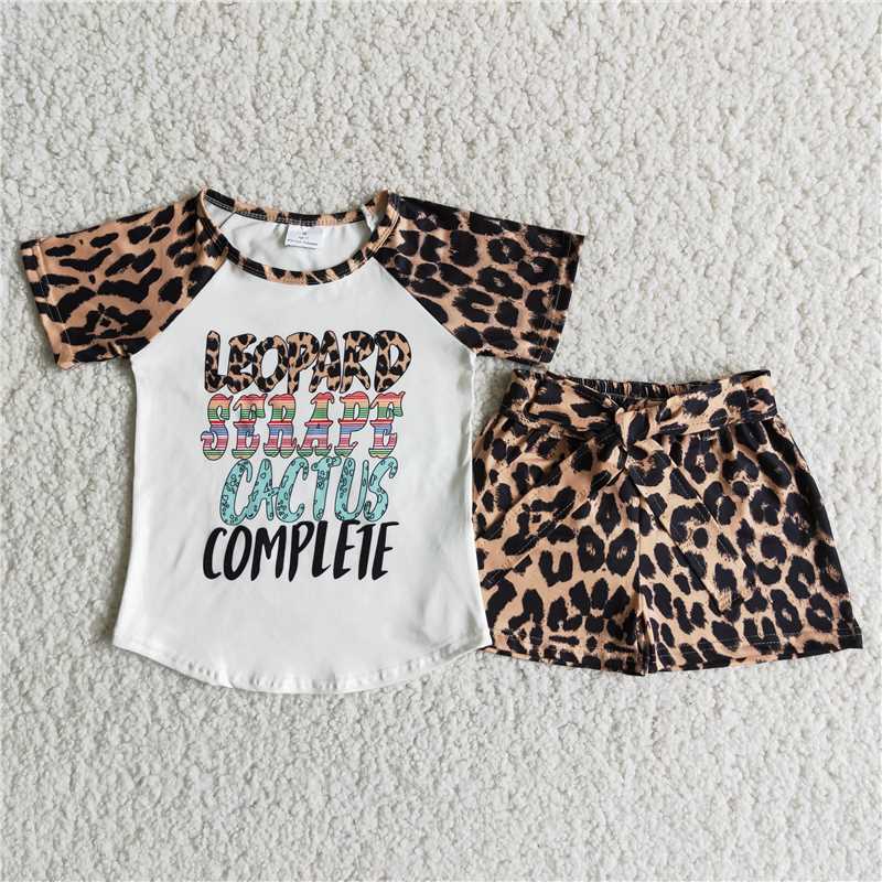 Girls Leopard Print White Short Sleeve Top Belt Shorts Outfit