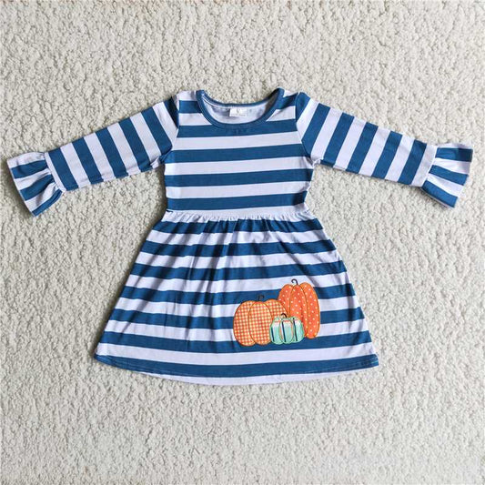 6 A19-13 Light Blue Striped Pumpkin Long Sleeve Dress